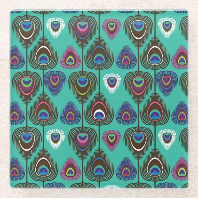 Posavasos De Vidrio tierno patrón de plumas de pavo real (Anverso)