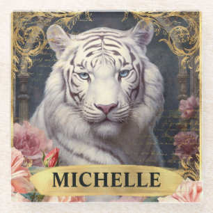 Posavasos De Vidrio Tigre blanco de color de agua y rosas rosadas