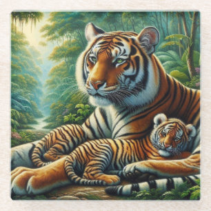 Posavasos De Vidrio Tigre y cachorro en una pintura de la selva exuber
