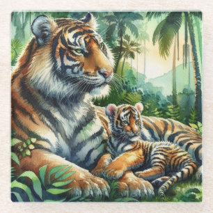 Posavasos De Vidrio Tigres en una pintura de color de la selva exubera