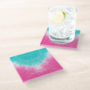 Posavasos De Vidrio Tinta rosa y azul con estilo Mandala Sway