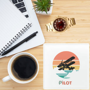 Posavasos De Vidrio Tipografía de piloto, vintage retro, avión simple 