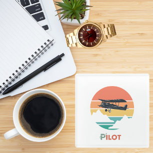 Posavasos De Vidrio Tipografía de piloto, vintage retro, avión simple