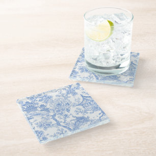 Posavasos De Vidrio Toile de Chinoiserie Azul Dragón Flor de Cerezo