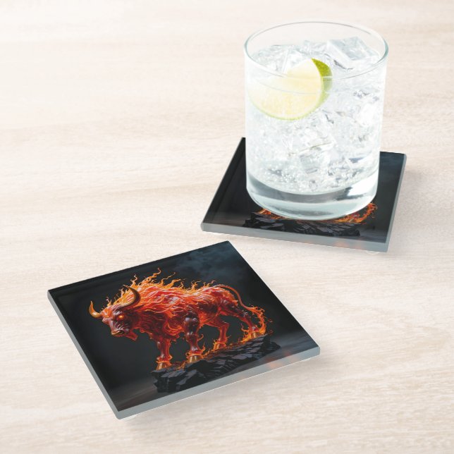 Posavasos De Vidrio Toro de Fuego Mítico (Angular)
