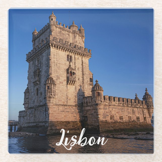 Posavasos De Vidrio Torre Belem al atardecer en Lisboa, Portugal (Anverso)