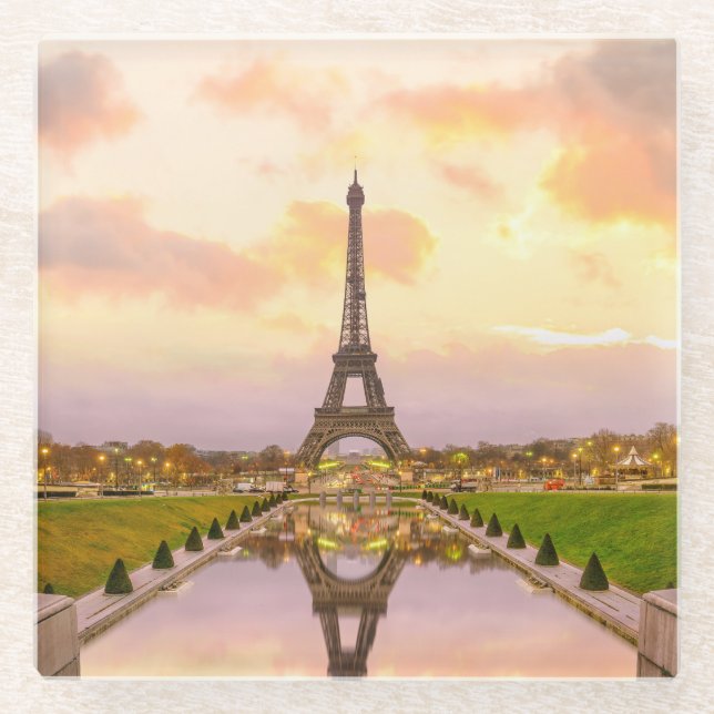 Posavasos De Vidrio Torre Eiffel al amanecer de las fuentes de Trocade (Anverso)