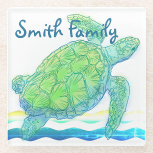 Posavasos De Vidrio Tortuga azul y verde del mar