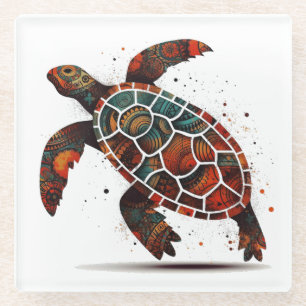 Posavasos De Vidrio tortuga colorida pintada al estilo aborigen