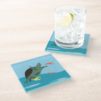 Posavasos De Vidrio Tortuga Marina Adorable Bajo el Arte Marino