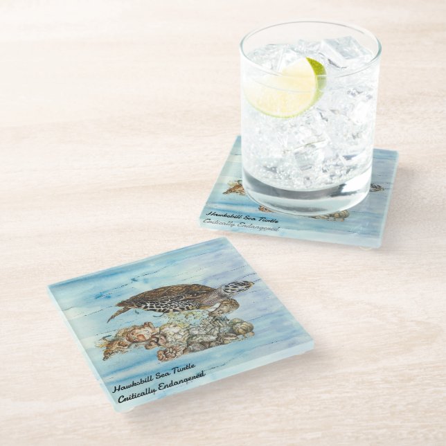 Posavasos De Vidrio Tortuga submarina de Hawksbill Pintada A Mano (Angular)