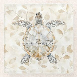 Posavasos De Vidrio Tortugas Marinas Playa Océano Crema Hojas