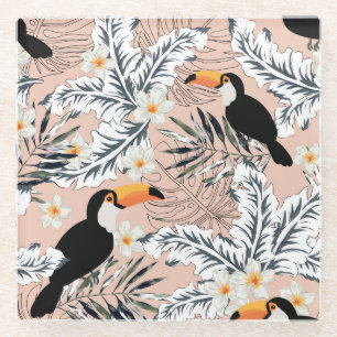 Posavasos De Vidrio Toucans, Palmas, Plumeria: Tropical Rosa.