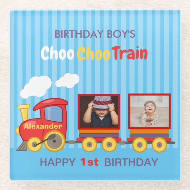 Posavasos De Vidrio Toy Train Toddler Boy Birthday Blue (Anverso)