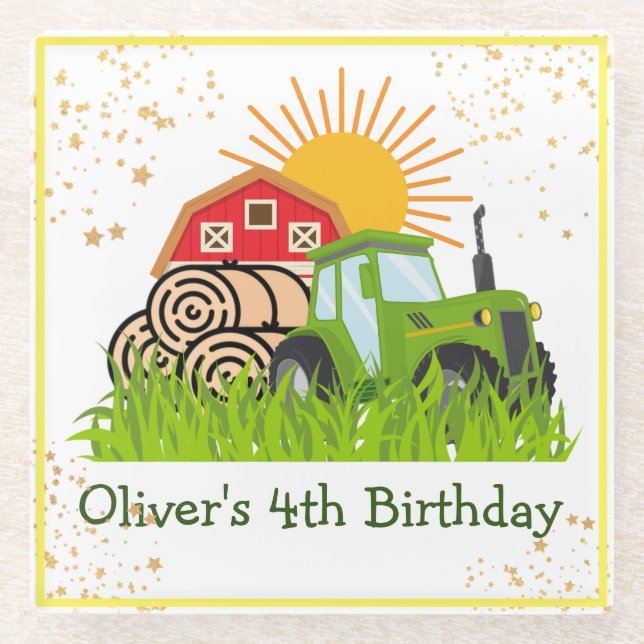 Posavasos De Vidrio Tractor verde | Fiesta de cumpleaños temática de l (Anverso)