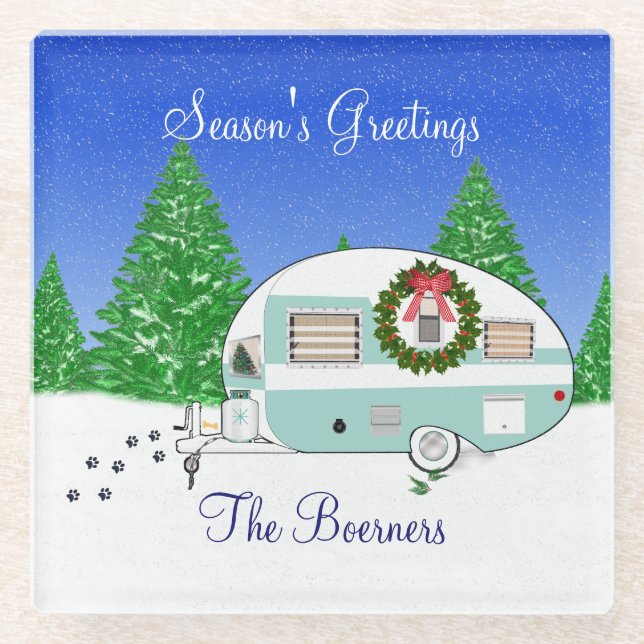 Posavasos De Vidrio Trailer de caravana retro de navidad (Anverso)