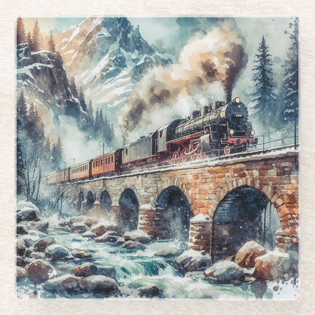 Posavasos De Vidrio Tren de motor de vapor generado por IA (Anverso)