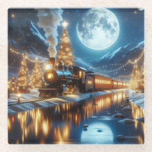 Posavasos De Vidrio Tren de Navidad en invierno iluminado por la luna