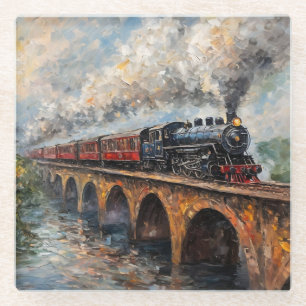 Posavasos De Vidrio Tren de Vapor en un Puente - Pintura al Óleo