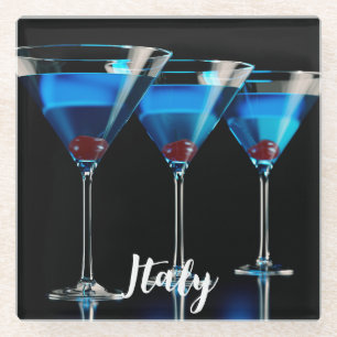 Posavasos De Vidrio Tres cócteles azules con cereza en negro