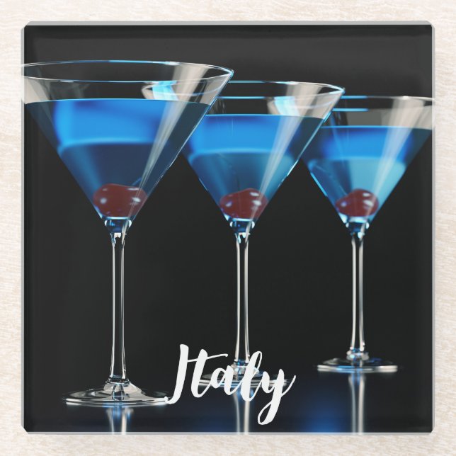 Posavasos De Vidrio Tres cócteles azules con cereza en negro (Anverso)
