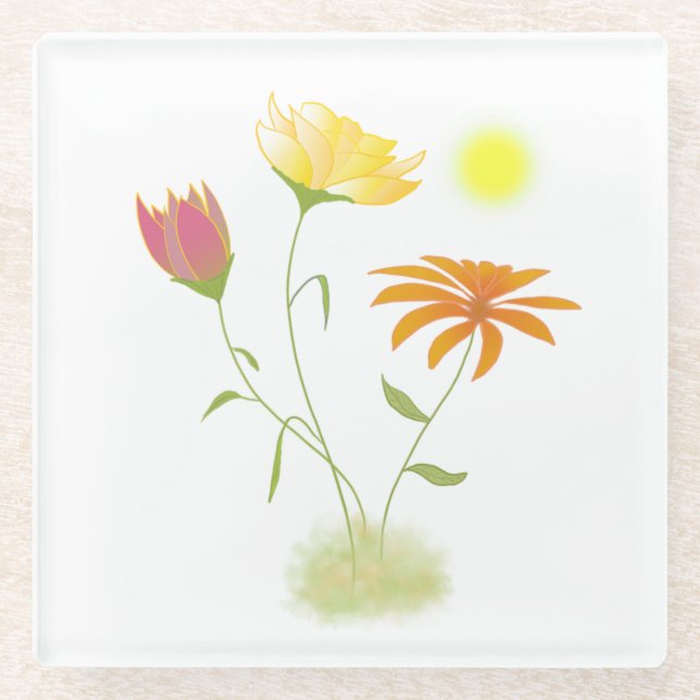 Posavasos De Vidrio Tres flores en el sol - transparente. (Anverso)