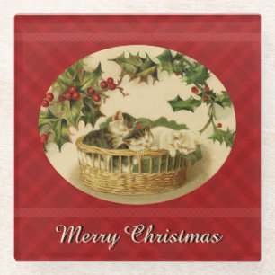 Posavasos De Vidrio Tres gatitos en una pascua de vidrio de canasta