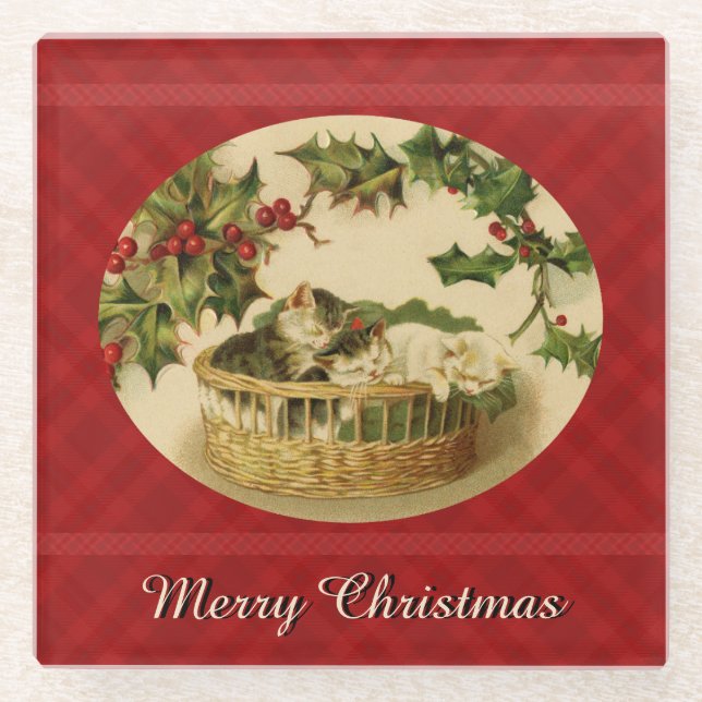 Posavasos De Vidrio Tres gatitos en una pascua de vidrio de canasta (Anverso)