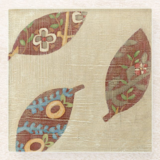 Posavasos De Vidrio Tres hojas sobre fondo de textura lineal (Anverso)