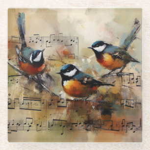 Posavasos De Vidrio Tres pájaros cantores en pintura de acuarela de pa