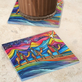 Posavasos De Vidrio Tres Reyes Magos Colorida Fiesta Navideña 