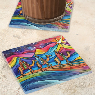 Posavasos De Vidrio Tres Reyes Magos Colorida Fiesta Navideña