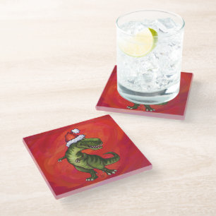 Posavasos De Vidrio TRex Dino en Santa Hat en Red