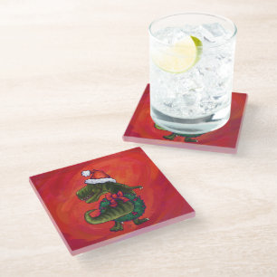 Posavasos De Vidrio TRex Dino en Santa Hat en Red