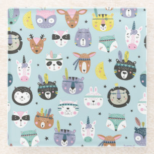 Posavasos De Vidrio Tribal de animales salvajes: Patrón Boho