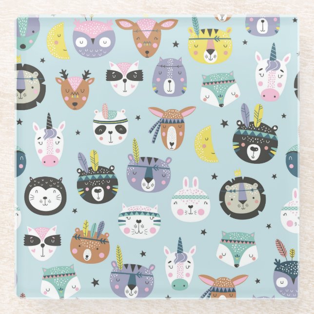 Posavasos De Vidrio Tribal de animales salvajes: Patrón Boho (Anverso)