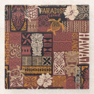 Posavasos De Vidrio Tribal hawaiana: Parchwork de tela vintage