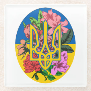 Posavasos De Vidrio Tridente ucraniano y bandera de Ucrania con flores
