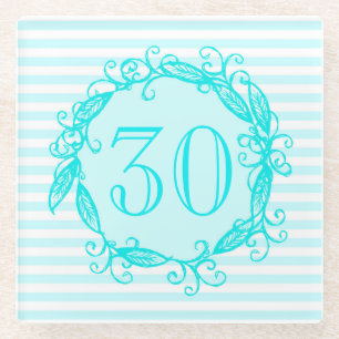 Posavasos De Vidrio Trigésima aguamarina Swirly blanco azul del
