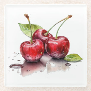 Posavasos De Vidrio Trío de cerezos frescos en acuarela
