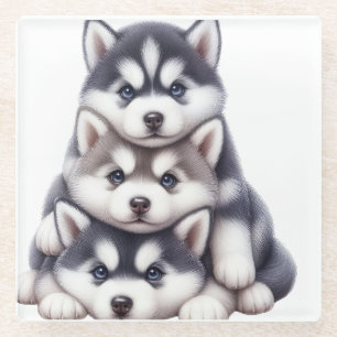 POSAVASOS DE VIDRIO TRIO DE PERROS ADORABLES SIBERIANOS HUSKY