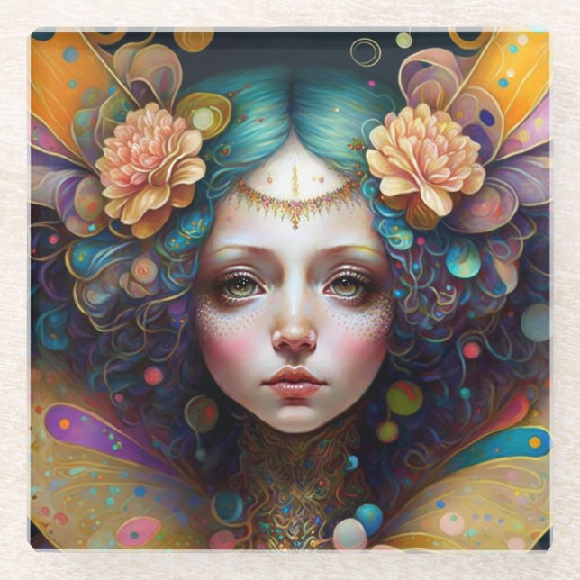 Posavasos De Vidrio Trippy Fairy Fantasy Art (Anverso)