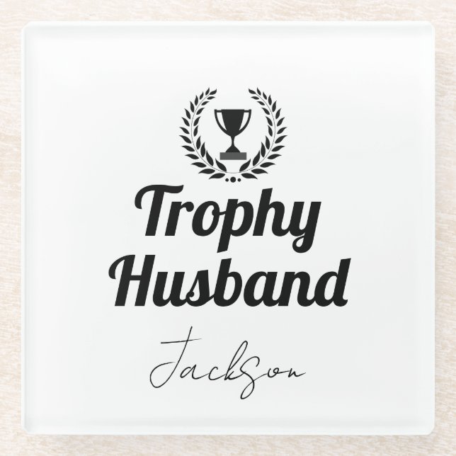Posavasos De Vidrio Trofeo Personalizado moderno nombre marido negro (Anverso)