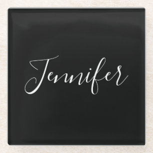 Posavasos De Vidrio Tu nombre   Elegante guión blanco sobre negro
