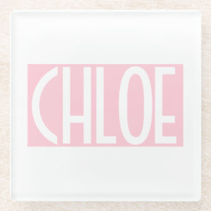 Posavasos De Vidrio Tu Nombre Texto Blanco en Rosa Claro