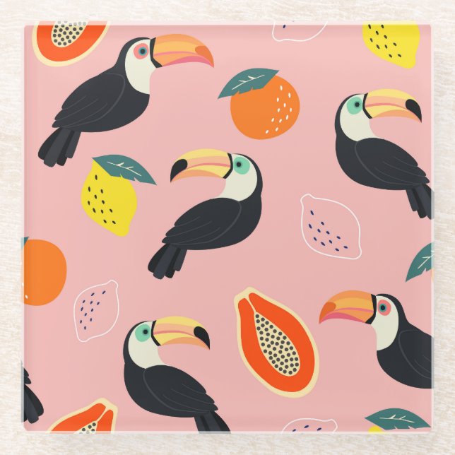 Posavasos De Vidrio Tucán con frutas tropicales abstractas (Anverso)