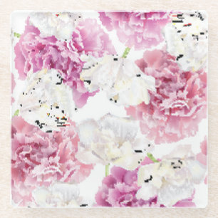 Posavasos De Vidrio Tulipán Blanco Peonía Rosa Vintage