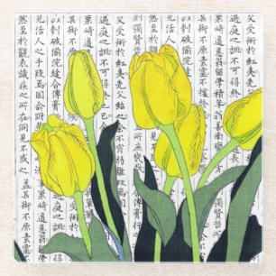 Posavasos De Vidrio Tulipanes amarillos asiáticos en fondo kanji