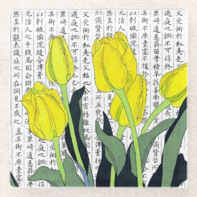 Posavasos De Vidrio Tulipanes amarillos asiáticos en fondo kanji (Anverso)