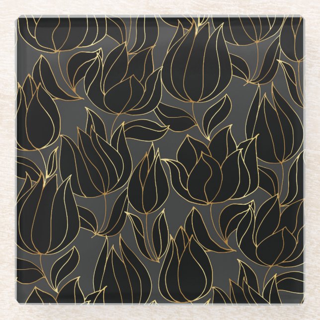 Posavasos De Vidrio Tulipanes de Oro Negro: Patrón Floral de Lujo (Anverso)